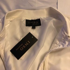 Winter white satin bomber jacket with gold zipper